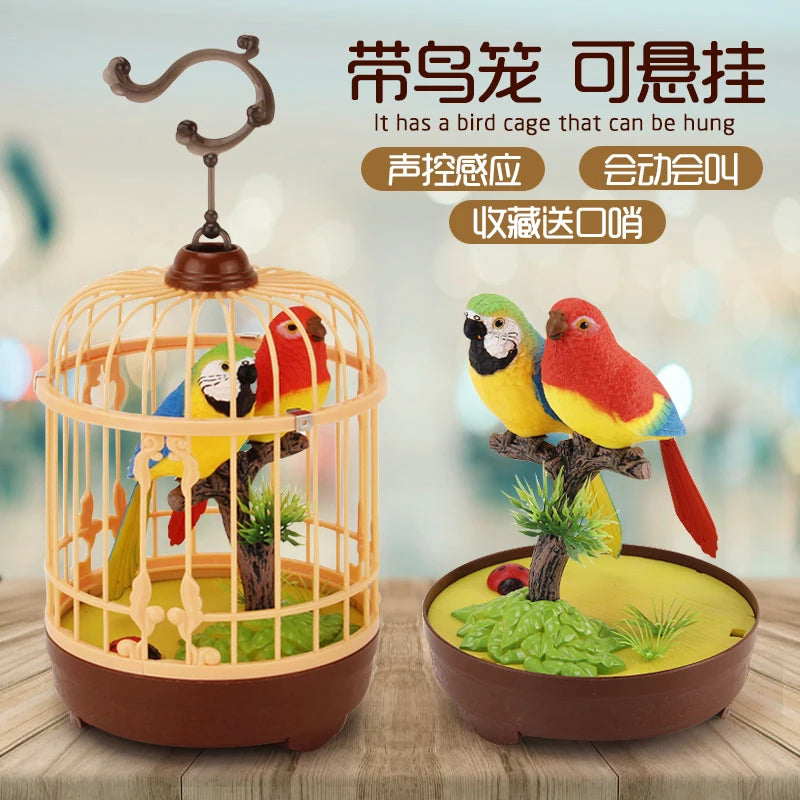 Simulated voice controlled toy bird cage, fake bird, electric ornament that senses calls and moves, parrot decoration