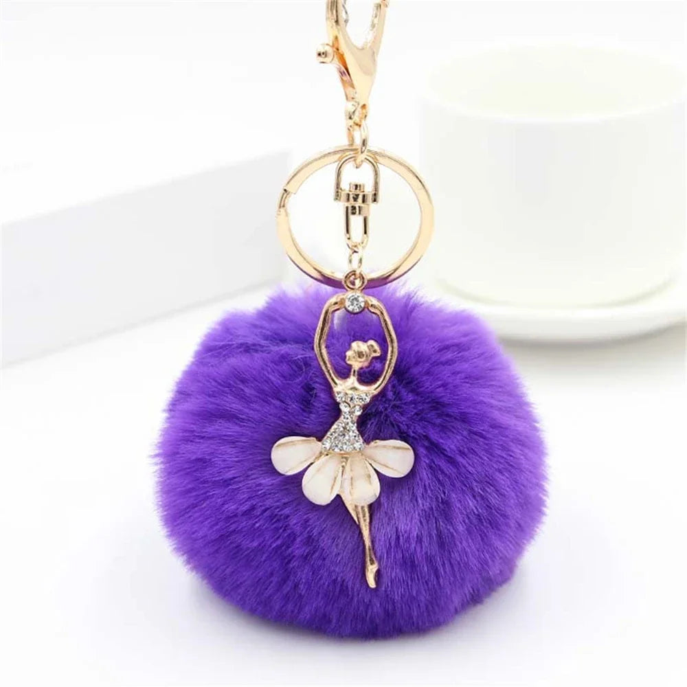 Fashion Rhinestone Ballet Dancer Keychain Cute Plush Ball Keyring for Women Girls Car Handbag Backpack Phone Pendant Accessories
