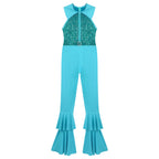 Womens 70s Disco Shiny Sequins Jumpsuit Sleeveless Turn-Down Collar Zipper Rhinestone O-Ring Front Tiered Bell-Bottom Bodysuit