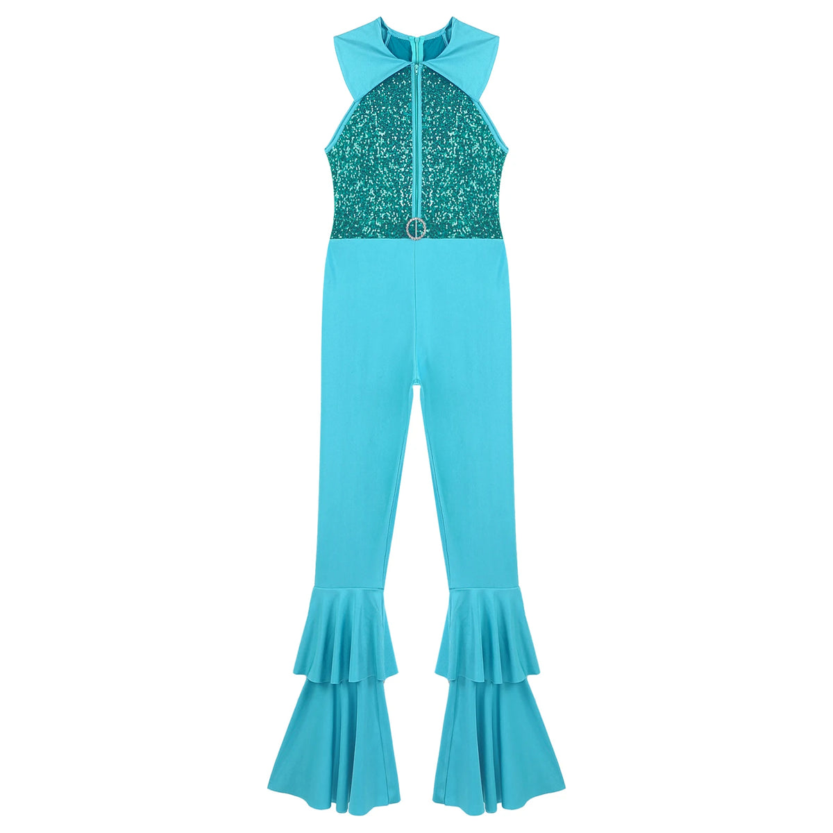 Womens 70s Disco Shiny Sequins Jumpsuit Sleeveless Turn-Down Collar Zipper Rhinestone O-Ring Front Tiered Bell-Bottom Bodysuit