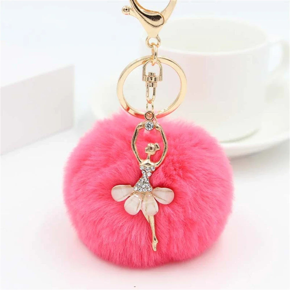Fashion Rhinestone Ballet Dancer Keychain Cute Plush Ball Keyring for Women Girls Car Handbag Backpack Phone Pendant Accessories