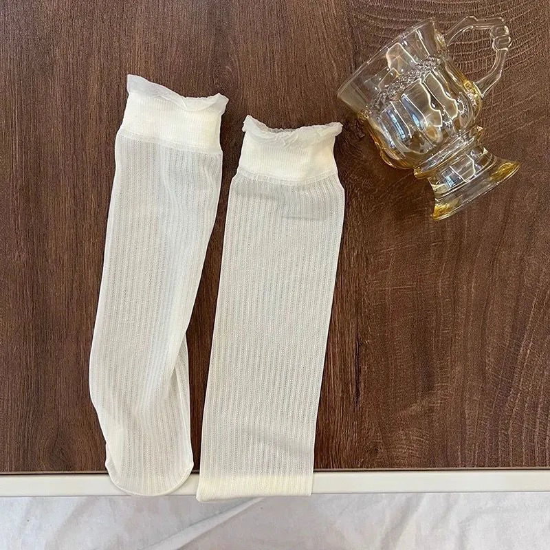 3 Pair Summer Ultra-Thin Lace Mid Tube Socks Breathable Comfortable Fashionable Sweet Lace Lolita Style Pleated Side Casual Sock