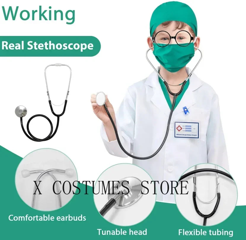 Kids Doctor Nurse Cosplay Costume, V Neck Surgical Uniform for Boys Girls, Halloween Party Role Play Dress Up Outfit