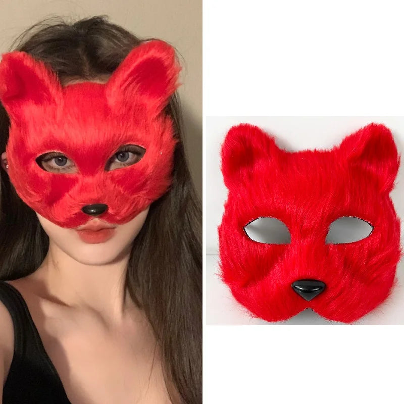 Faux Fur Fox Tail Cat Wolf Cosplay Costume Set with Plush Mask Fluffy Paw Gloves for Halloween And Christmas Party Accessories