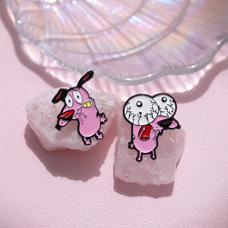Cartoon Courage Cowardly Dog Brooch Enamel Pins Cute Pink Animal Dog Brooches Clothes Lapel Badges Jewelry Gift for Kids Friends