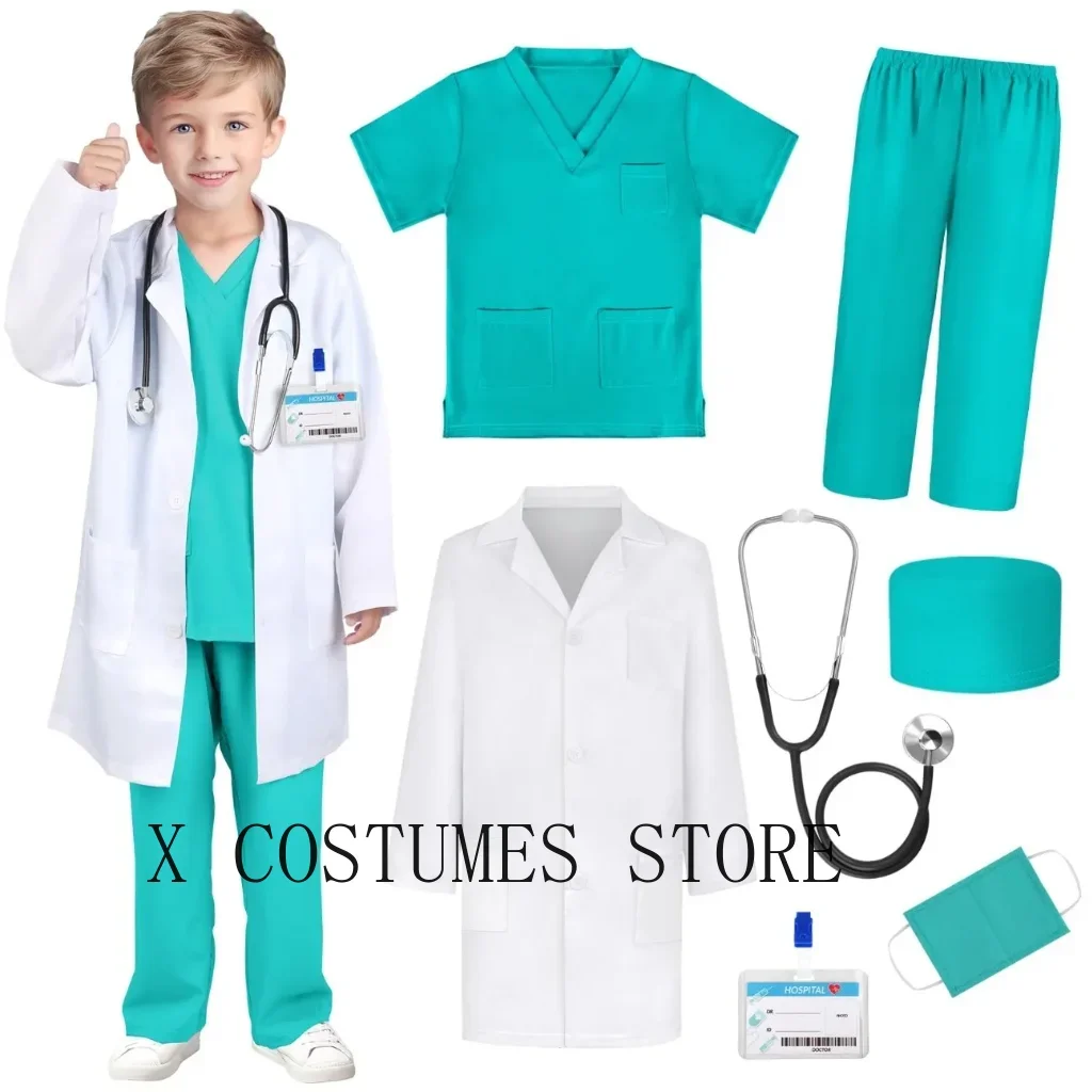 Kids Doctor Nurse Cosplay Costume, V Neck Surgical Uniform for Boys Girls, Halloween Party Role Play Dress Up Outfit