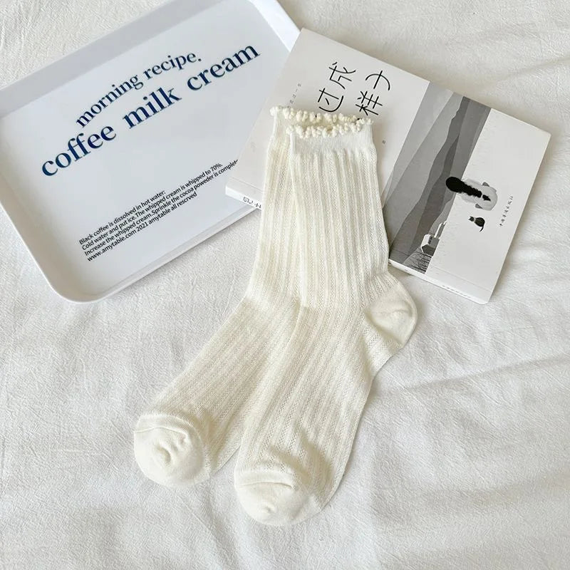5 Pairs/Lot Women Hollow Mesh Tube Socks Ear Fungus Edge Socks Ins Trendy Spring Summer Loose Mouth Thin Style Girls Pile Socks