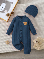 【Baby Boy】Autumn & Winter Red Onesie with Front Single-Breasted Buttons and Cute Bear Badge on Chest + Red Hat SetFeaturing a wa