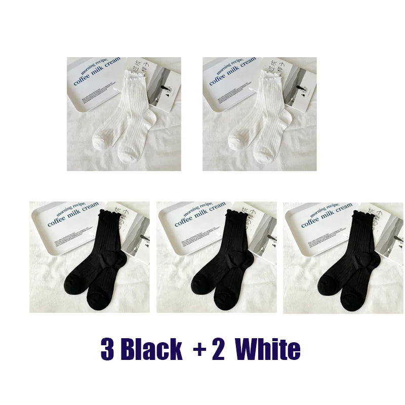 5 Pairs/Lot Women Hollow Mesh Tube Socks Ear Fungus Edge Socks Ins Trendy Spring Summer Loose Mouth Thin Style Girls Pile Socks