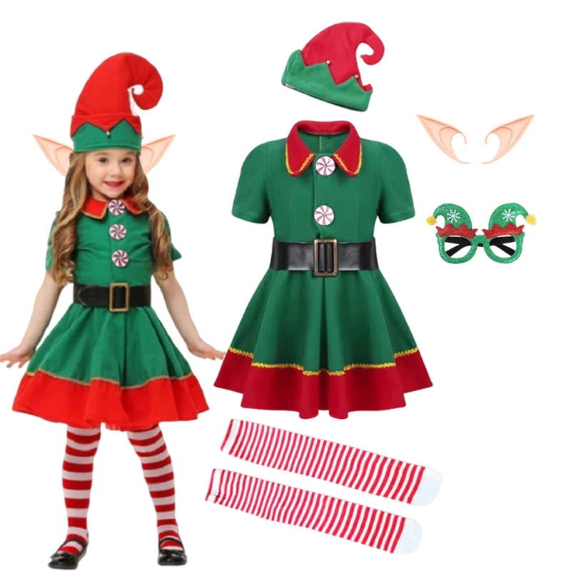 2025 Girl Boy Christmas Elf Costumes Santa Claus Suit Festival Adult Family Halloween Cosplay Sets Green Elves Clothes