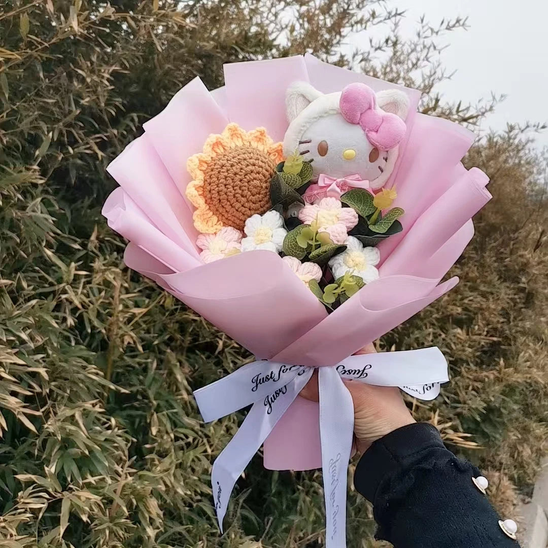 Hello Kitty Plush Bouquet with Rose Kawaii Anime Fluffy Stuffed Plush Doll Christmas Valentine's Day Holiday Birthday Gift