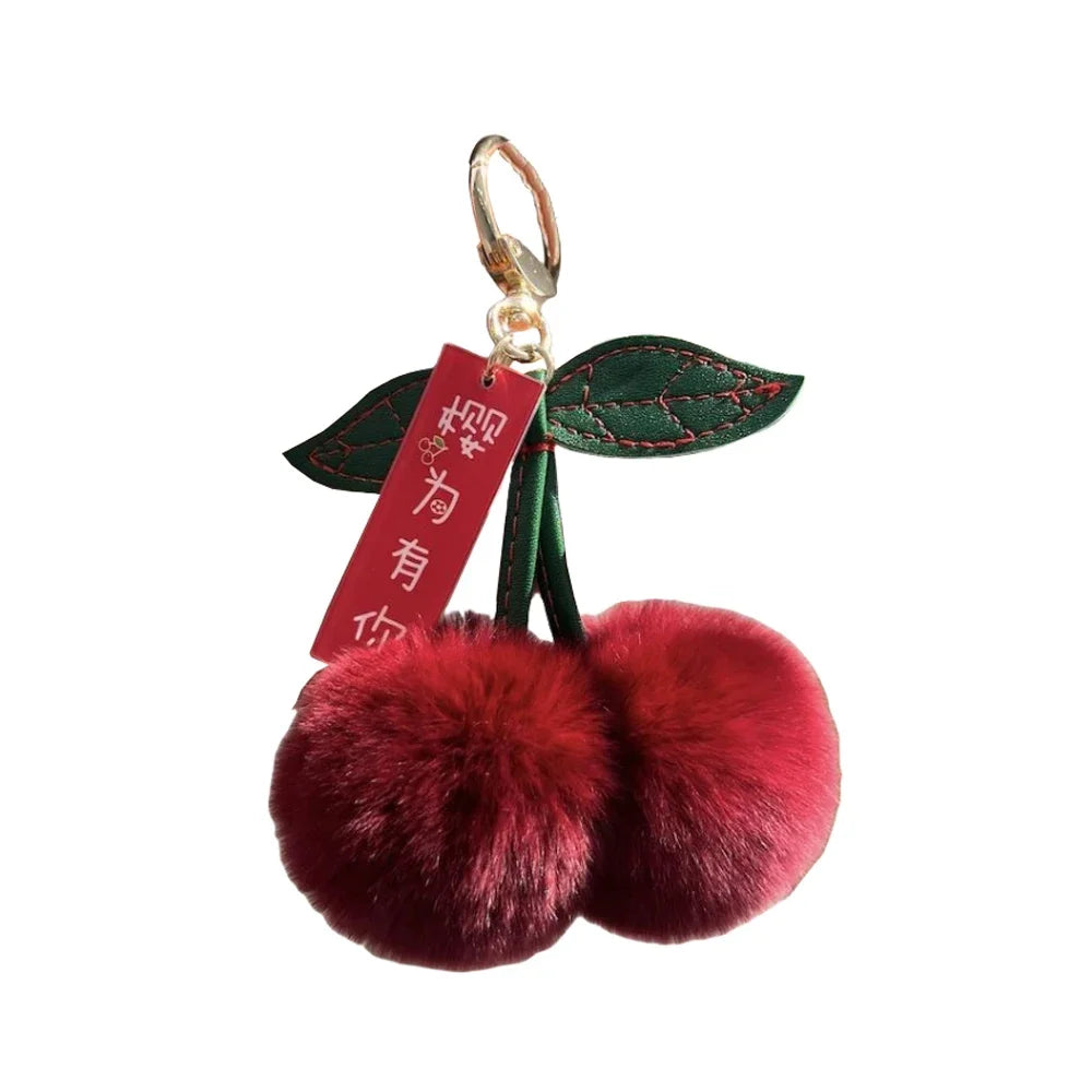 Keychain Key Fob Bag Pendant Fluffy Cherry Keyring Bag Hanging Leaf Artificial Rabbit Fur Ball Key Holder Plush Bag Accessories