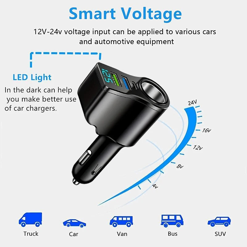 New digital display car fast charging dual USB car charger car one to three cigarette lighter 66W car multifunctional charger