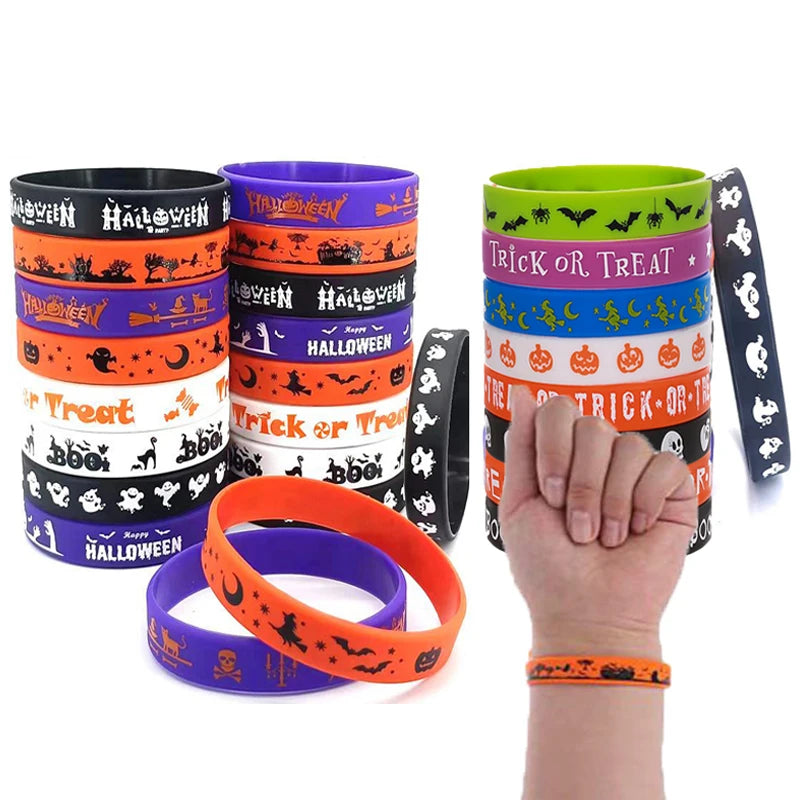 12/24PCS Silicone Bracelets Halloween Decorations Kids Wristband Pumpkin Skull Ghost Bat Halloween Party Favor Gift Bag Fillers