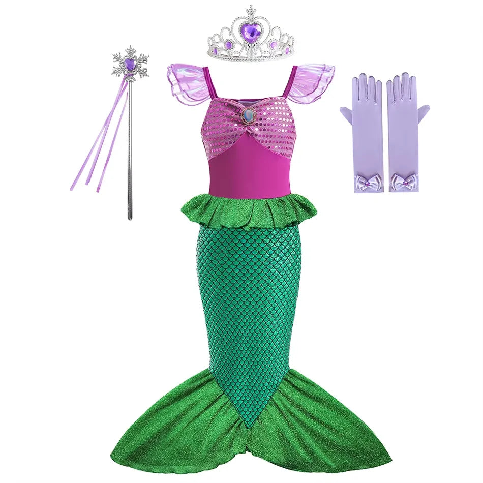 Ariel Little Mermaid Short Sleeve Tulle Dress for Girls Cosplay Princess Costume Carnival Birthday Party Outfit 2-8Y Vestido