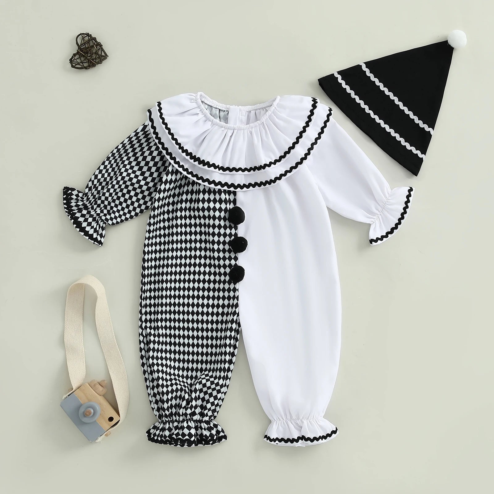 0-5Y Toddler Baby Clown Costume Boy Girl Funny Halloween Outfit Contrast Color Long Sleeve Jumpsuit with Hat