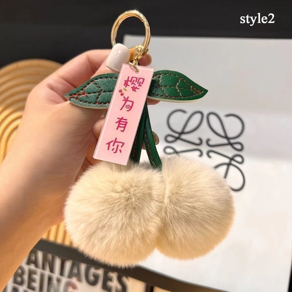 Keychain Key Fob Bag Pendant Fluffy Cherry Keyring Bag Hanging Leaf Artificial Rabbit Fur Ball Key Holder Plush Bag Accessories