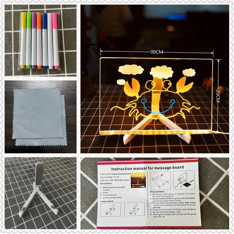 Acrylic Clear Light Up Drawing Board,Glow Erasable Memo LED Magic Board , Kids DIY Toys , with 7 Color Markers Pen and Stand