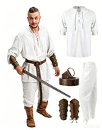 4 Pcs Halloween Men's Renaissance Costume Set Medieval Pirate Shirt Ankle Banded Pants Viking Belt Accessories