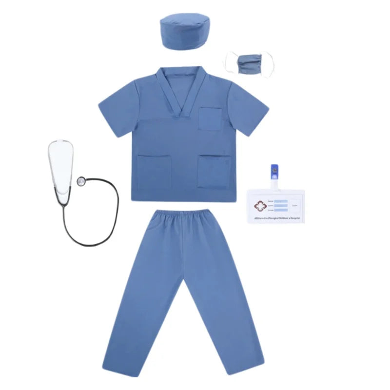Kids Doctor Nurse Cosplay Costume, V Neck Surgical Uniform for Boys Girls, Halloween Party Role Play Dress Up Outfit