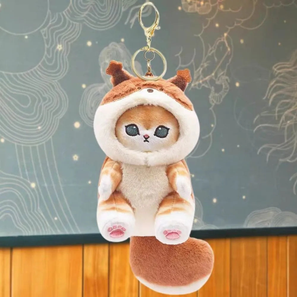 Cute Cat Disguised as a Long-Tailed Animal Plush Keychain Pendant Small Doll Gift Soft Keyring for Animal Lovers