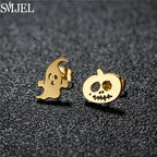 Punk Halloween Earring Black Stainless Steel Ghost Pirate Skull Stud Earrings Women Men Goth Pumpkin Spider Bat Ear Jewelry Gift