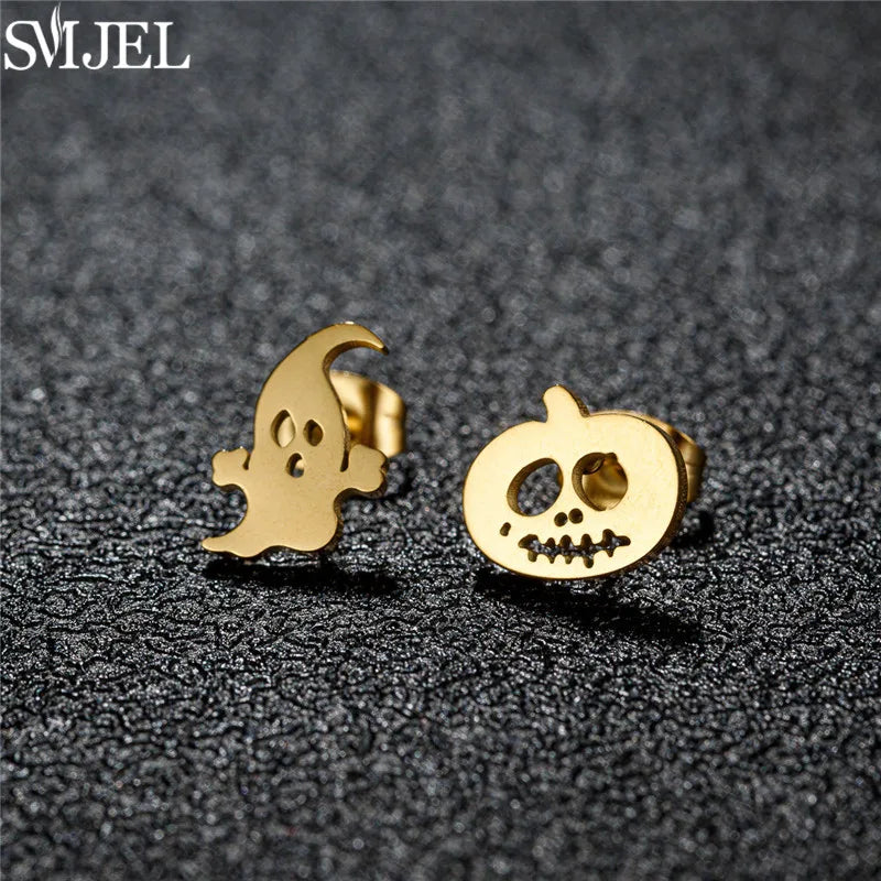 Punk Halloween Earring Black Stainless Steel Ghost Pirate Skull Stud Earrings Women Men Goth Pumpkin Spider Bat Ear Jewelry Gift