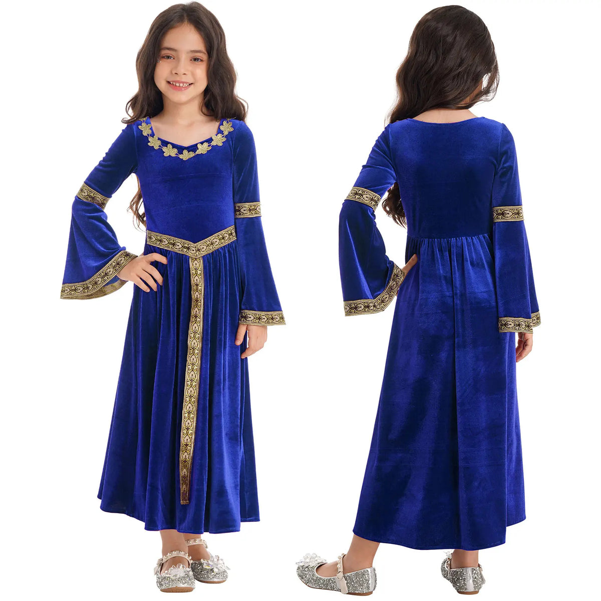 Girls Medieval Renaissance Princess Costume Velvet Long Flare Sleeve Vintage Dress Gown Carnival Party Cosplay Dress Up