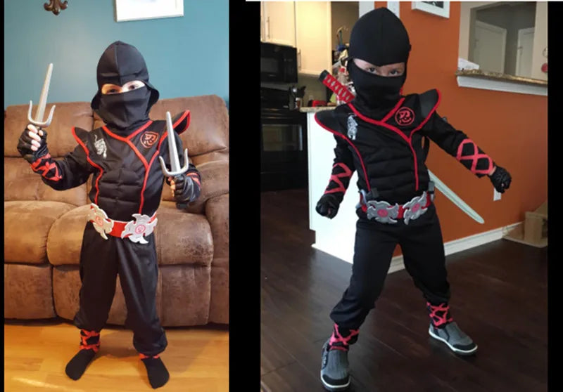 Boys Ninja Deluxe Costume for Kids with Weapon Accessories Kids Kung Fu Outfit Halloween Ideas Gifts with Bayonet Toys