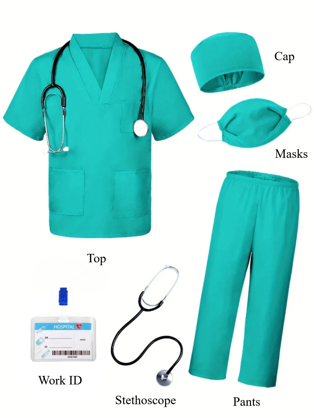 Kids Doctor Nurse Cosplay Costume, V Neck Surgical Uniform for Boys Girls, Halloween Party Role Play Dress Up Outfit