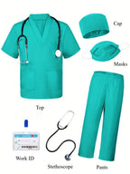 Kids Doctor Nurse Cosplay Costume, V Neck Surgical Uniform for Boys Girls, Halloween Party Role Play Dress Up Outfit