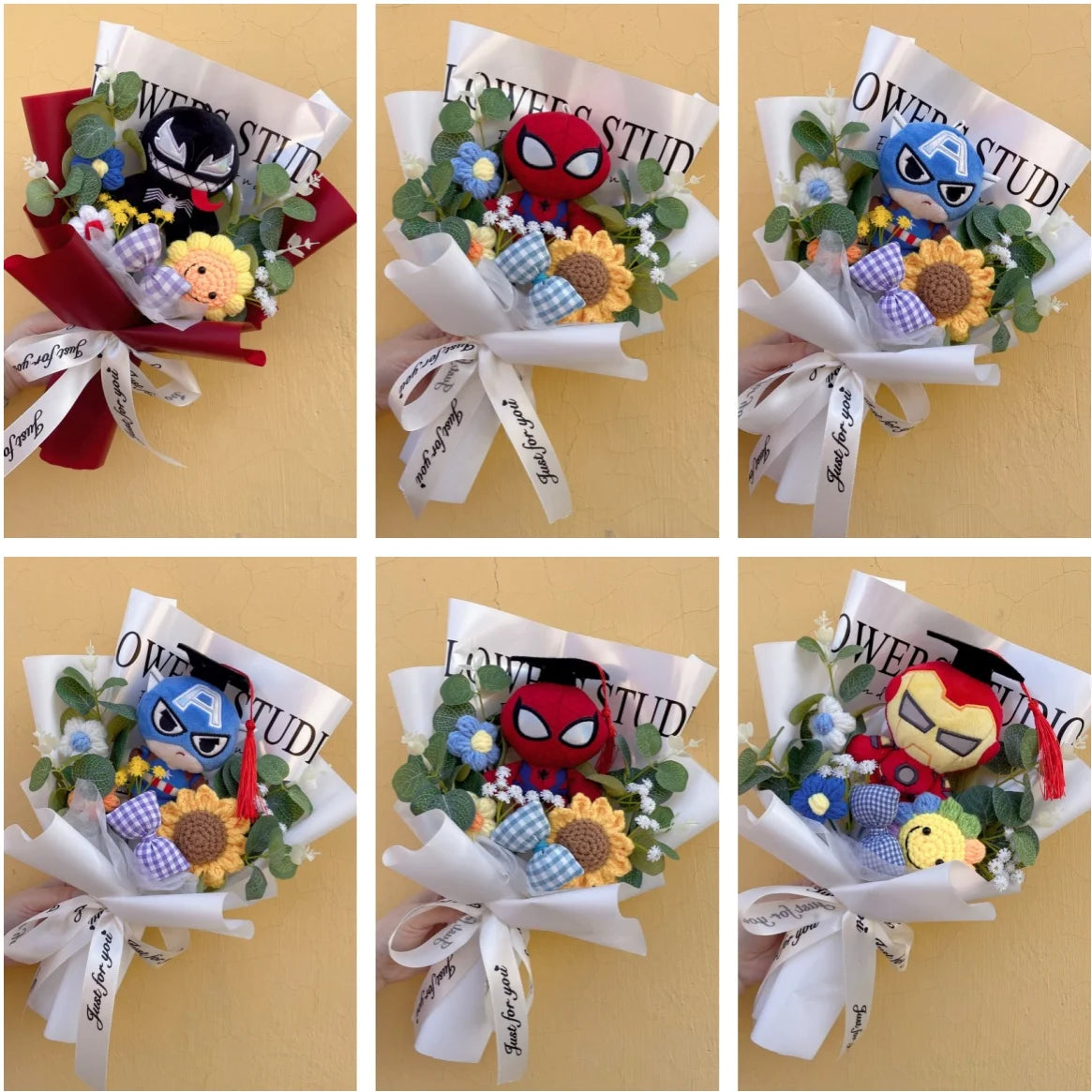 Amine Super Hero Spider-Man Stuffed Plush Dolls Creative Handmade Bouquets for Boys Graduation Christmas Birthday Gifts