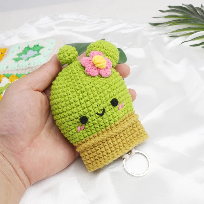 Cute Crochet Cactus Keychain For Keys Storage Bag Keyring Knitting Ladybug Bag Keyrings Wholesale Custom Car Keychain Accessory