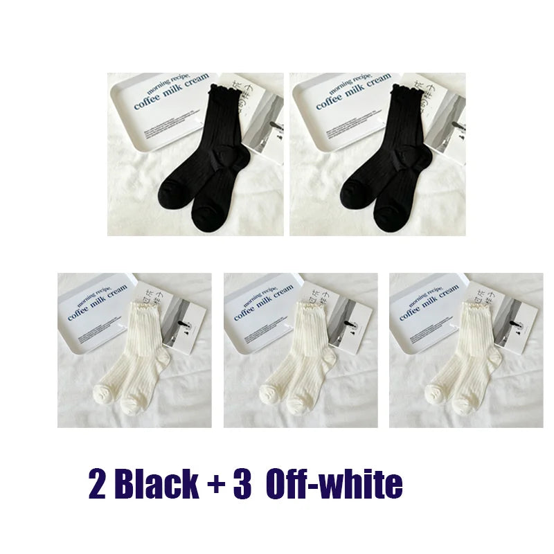 5 Pairs/Lot Women Hollow Mesh Tube Socks Ear Fungus Edge Socks Ins Trendy Spring Summer Loose Mouth Thin Style Girls Pile Socks