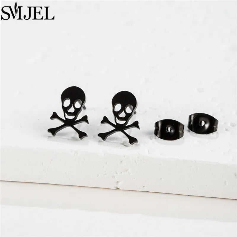 Punk Halloween Earring Black Stainless Steel Ghost Pirate Skull Stud Earrings Women Men Goth Pumpkin Spider Bat Ear Jewelry Gift