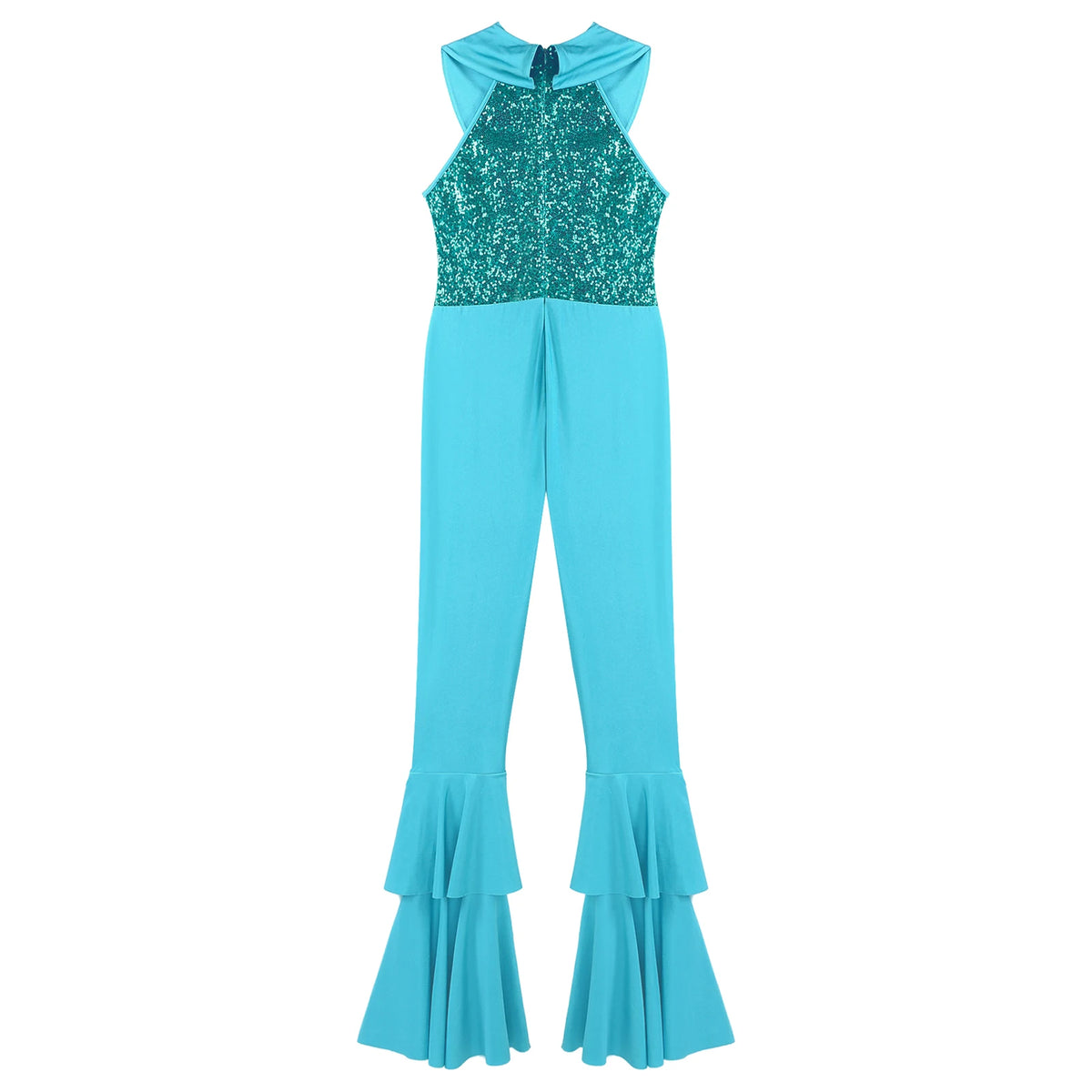Womens 70s Disco Shiny Sequins Jumpsuit Sleeveless Turn-Down Collar Zipper Rhinestone O-Ring Front Tiered Bell-Bottom Bodysuit