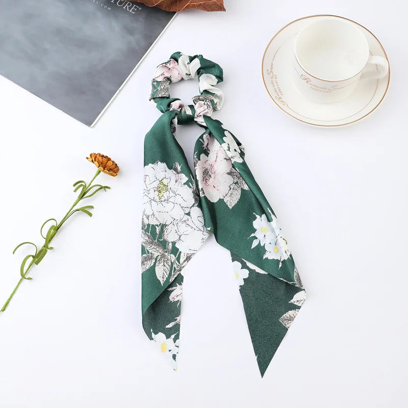 Fashion Flower Print Bow Satin Long Ribbon Ponytail Scarf Tie Scrunchies Women Girls Elastic Bands Hair Accessories
