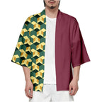 Men Japanese Anime Samurai Tanjirou Kamado Green Black Checkered Kimono Haori Cardigan Zenitsu Agatsuma Yellow Cosplay Costume
