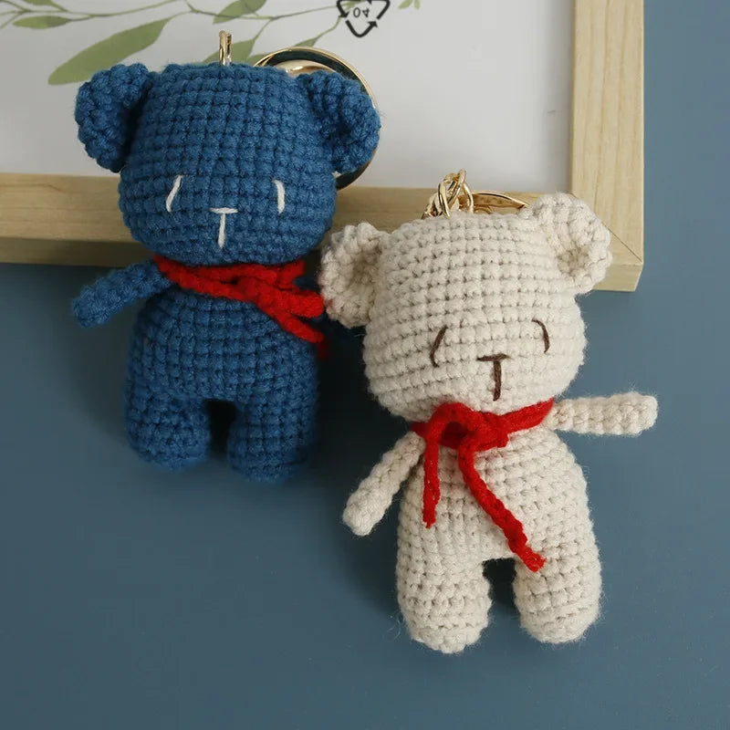 Cute Small Bear Keyrings For Couple Gifts Handmaking Knitted Bear Doll Keychain Animal Doll Crochet Keychain Custom Accessories