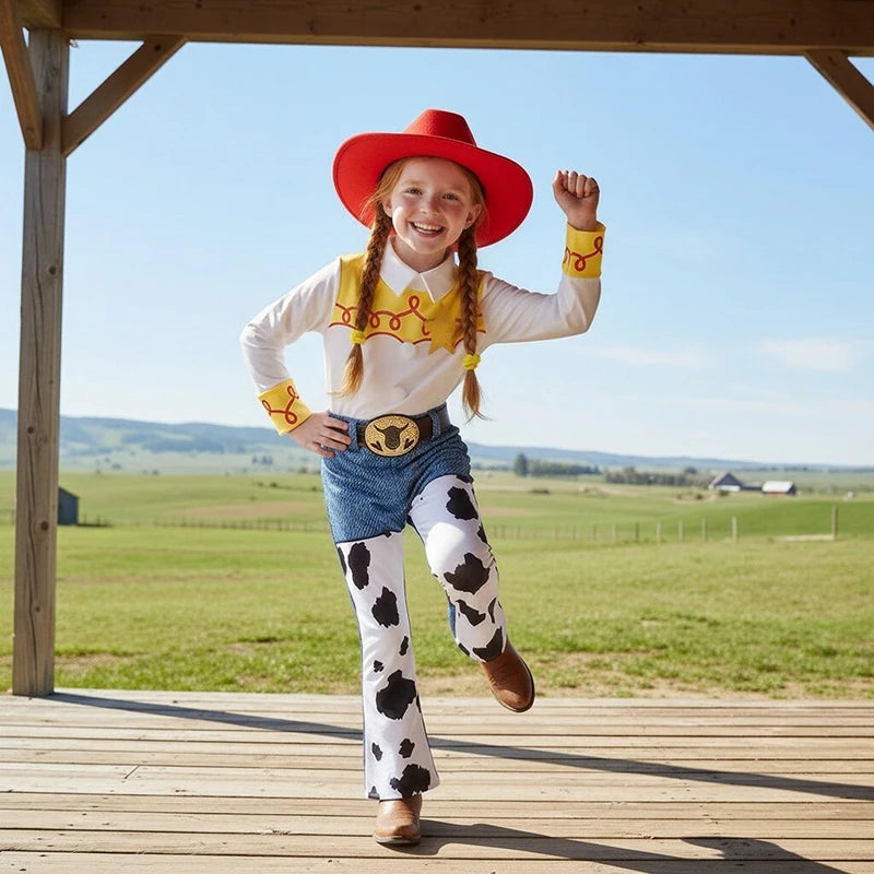 2026 Jessie Cowgirl Costume 2 Piece Set Sleeve shirt Cow Print Flared Pants Kids Cosplay Outfit Halloween Carnival Casual Wear