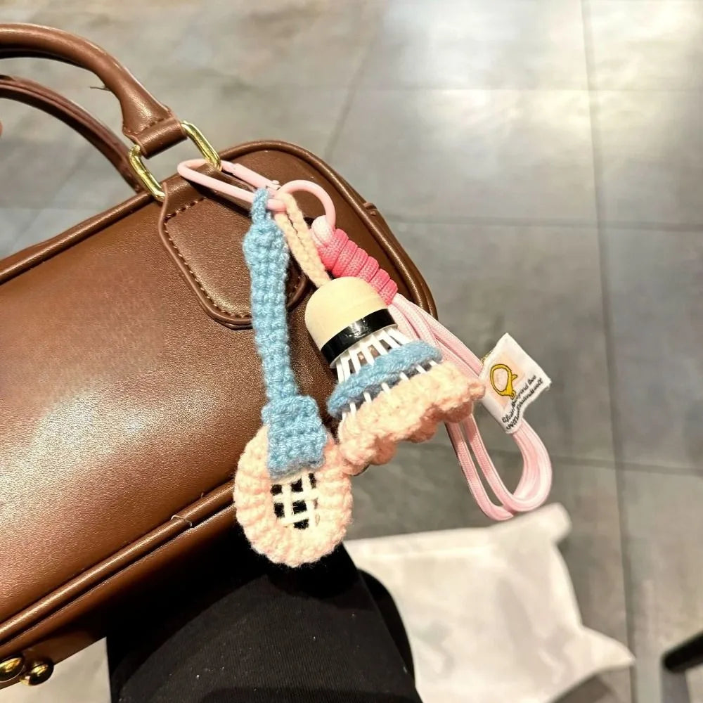 Soft Cute Crochet Badminton Keychain Mini Bright Color Knitted Badminton Pendant Bag Hanging Charms Car Keyring Backpack Decor