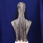 Women's Bridal Muslim Wedding Embroidered Headveil Floral Lace Mantila Catholic Veil Black Church Veil Ivory White Mesh Shawl