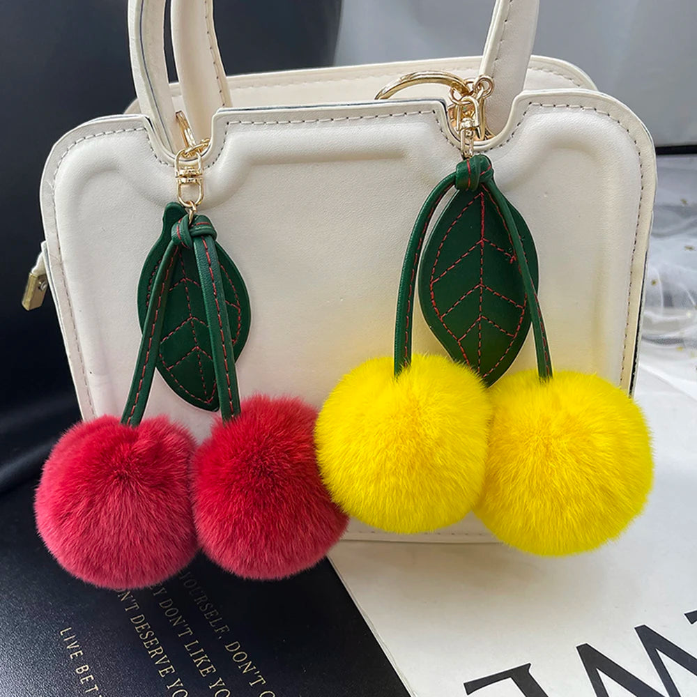 Keychain Key Fob Bag Pendant Fluffy Cherry Keyring Bag Hanging Leaf Artificial Rabbit Fur Ball Key Holder Plush Bag Accessories