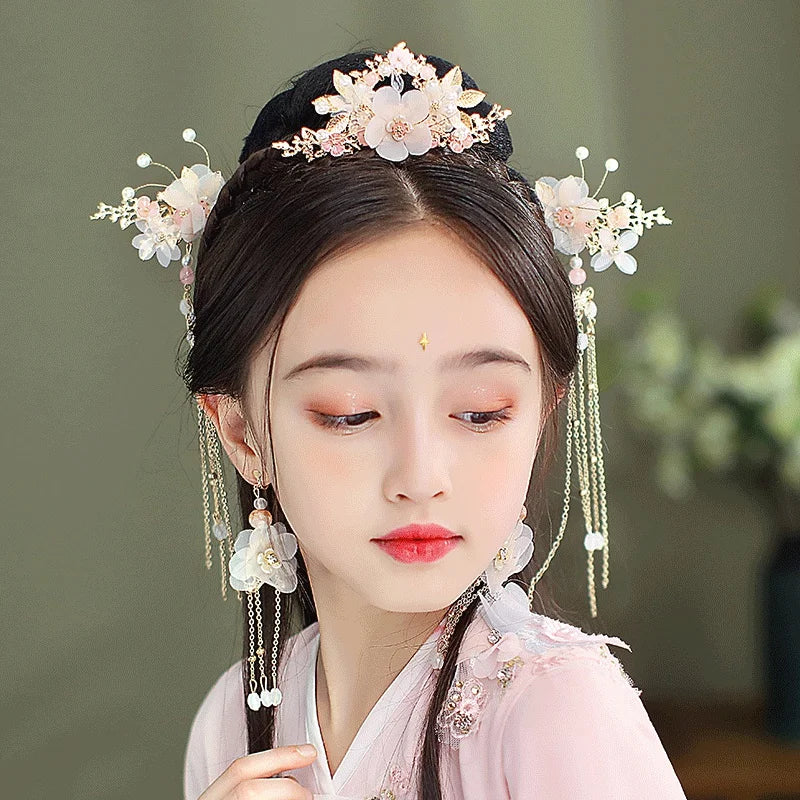 Chinese Hanfu Hair Stick Hairpin Earrings Hair Accessories Set Long Fringed Vintage Hairpin Flower Handmade Wedding Hair Jewelry