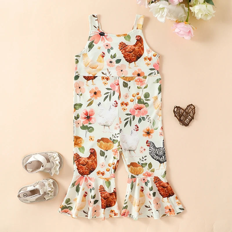 Citgeett Summer Easter Kids Baby Girls Romper Cute Sleeveless Flower Print Flare Leg Jumpsuit Overalls Clothes