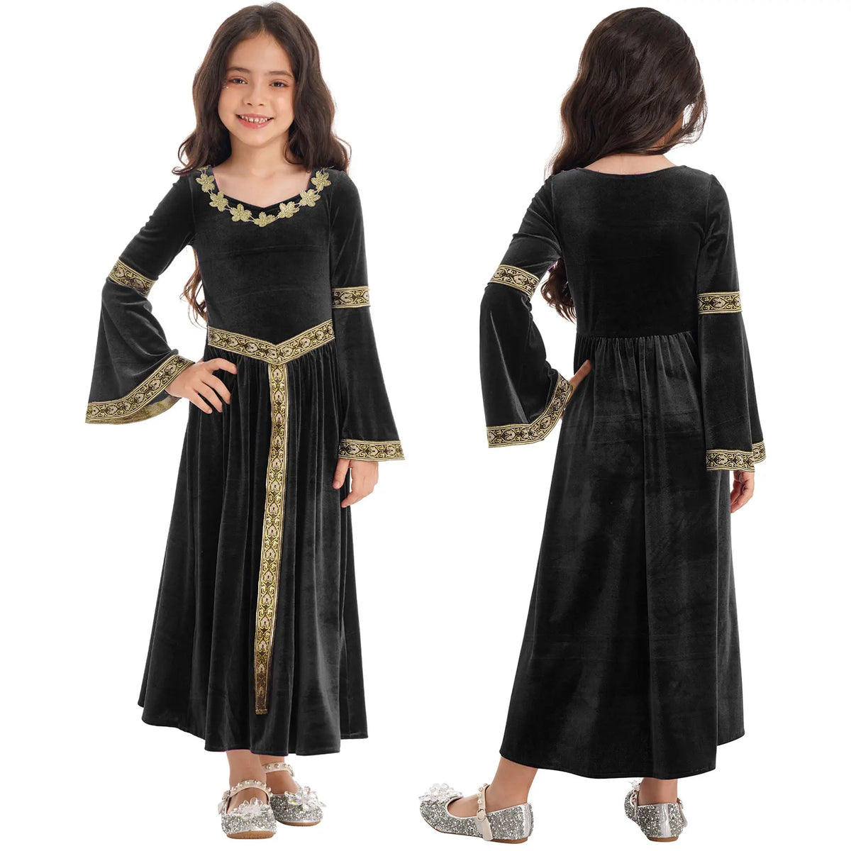 Girls Medieval Renaissance Princess Costume Velvet Long Flare Sleeve Vintage Dress Gown Carnival Party Cosplay Dress Up
