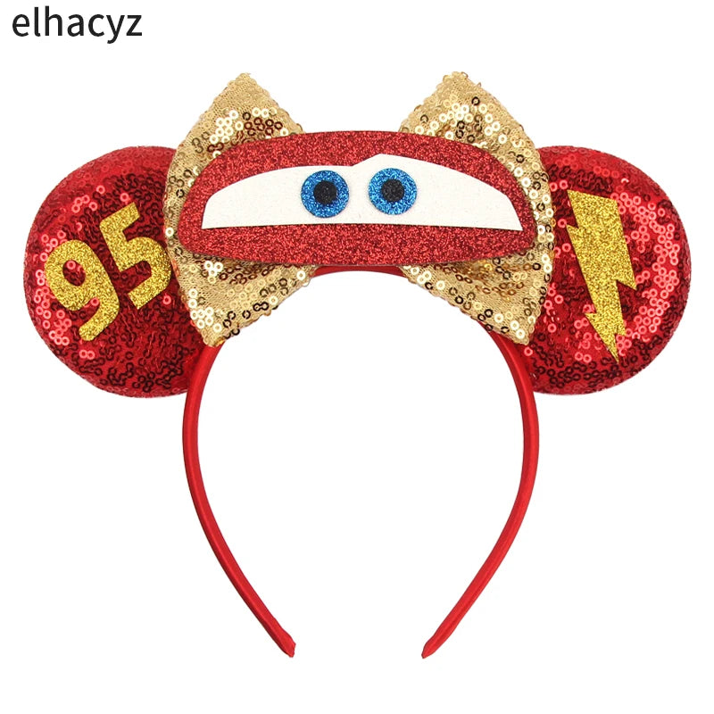 Disney Anime Cars Ears Headbands Women Sequins Bow Hairband Girls Pixar 95 Lightning McQueen Hair Accessories Kids Headwear Gift