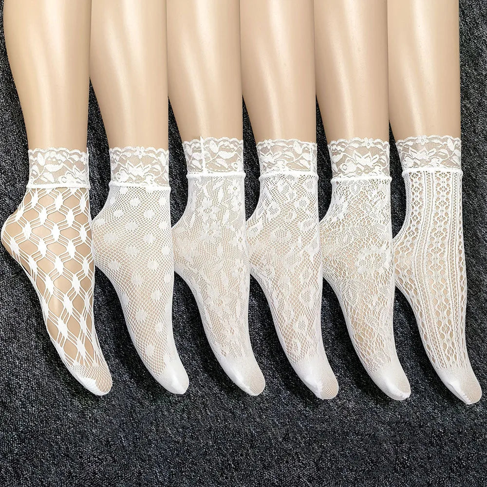 6-Pair /Set Summer Black White Sexy Lace Socks Thin Hollow Jacquard Fishing Net Short Stockings