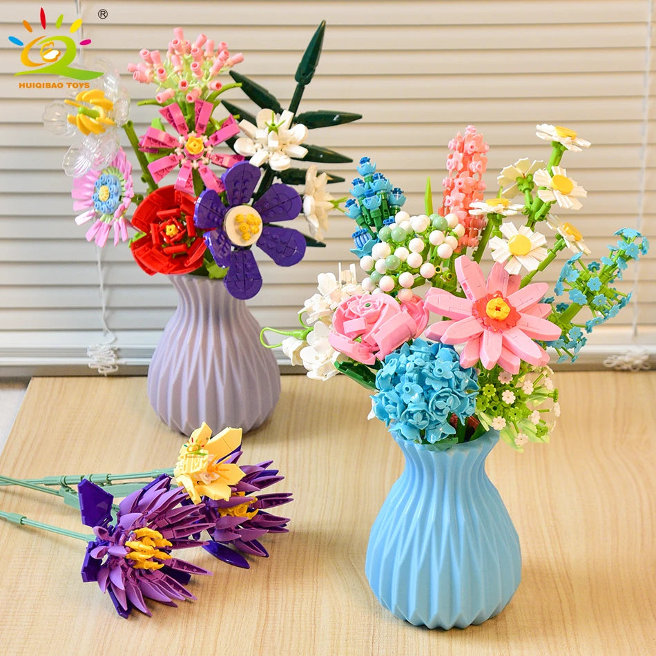 HUIQIBAO MOC Flower Model Building Blocks 3D Bouquet Plants Sunflower Rose Bricks Kits Children DIY Educational Toys Home Decor