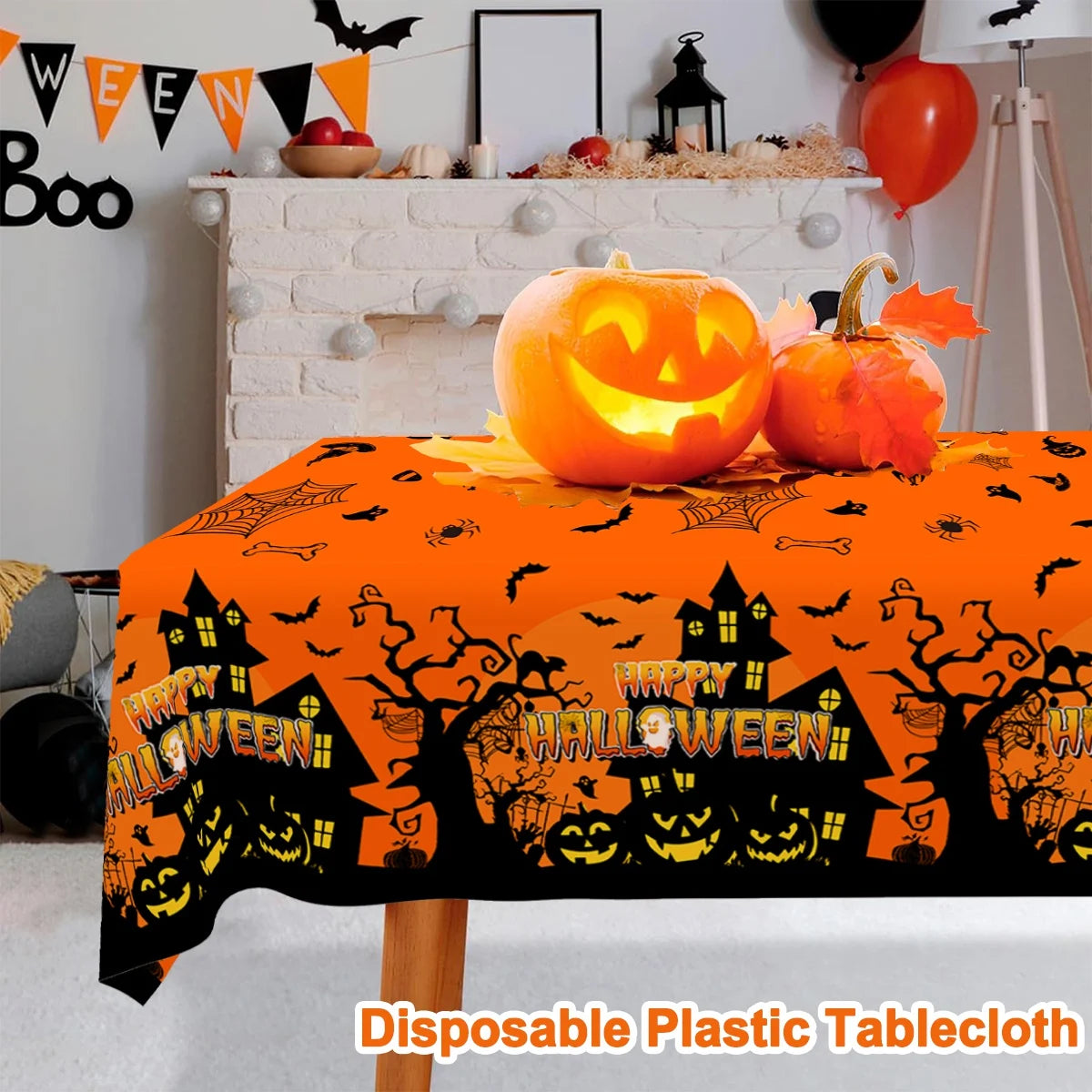 1pc Orange Black Horror Ghost Table Cover Happy Halloween Tablecloth for Trick or Treat Theme Home Decoration
